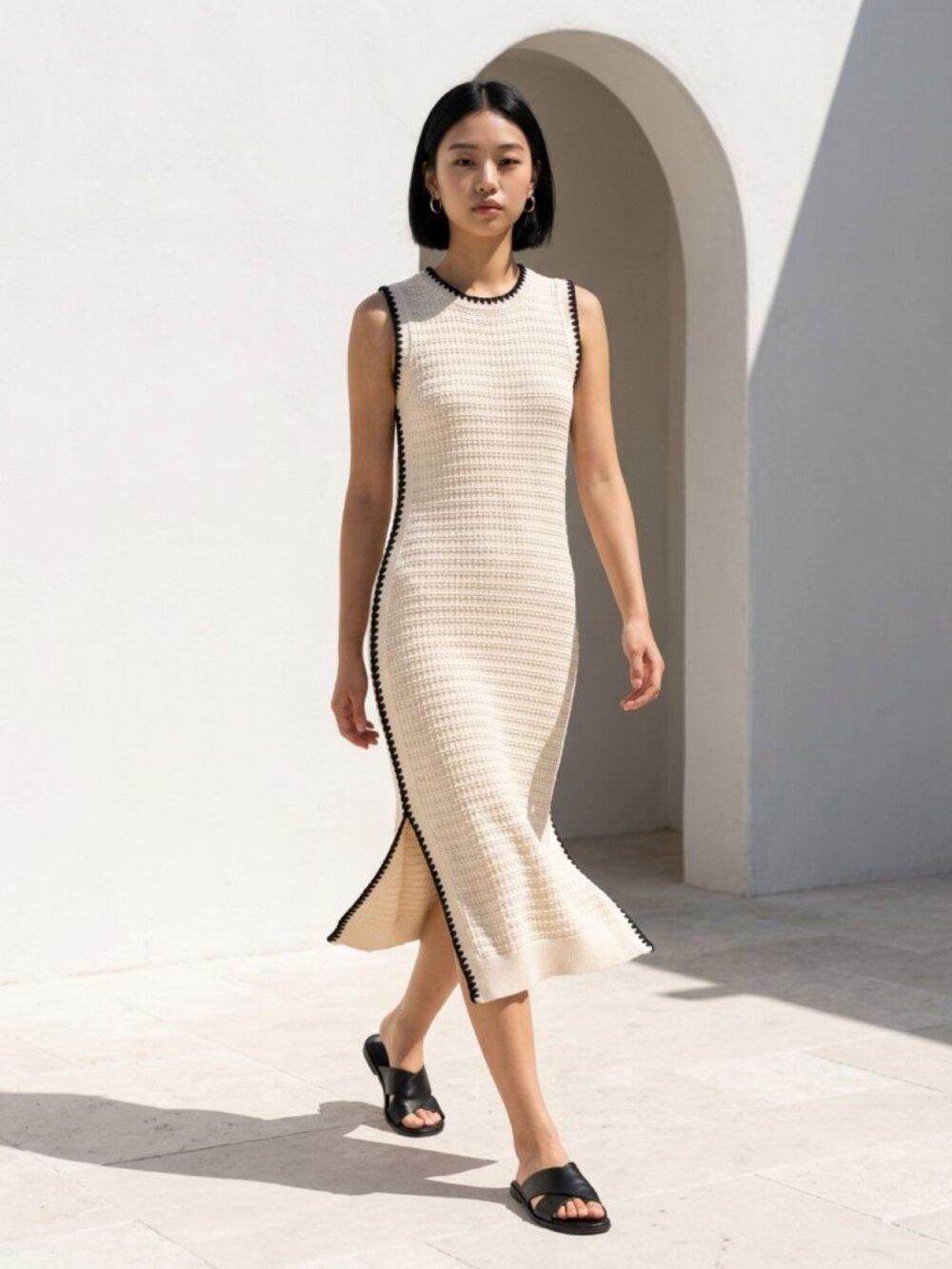 Varley Dwight Knit Midi Dress Cream Black Scallop Trim Small
